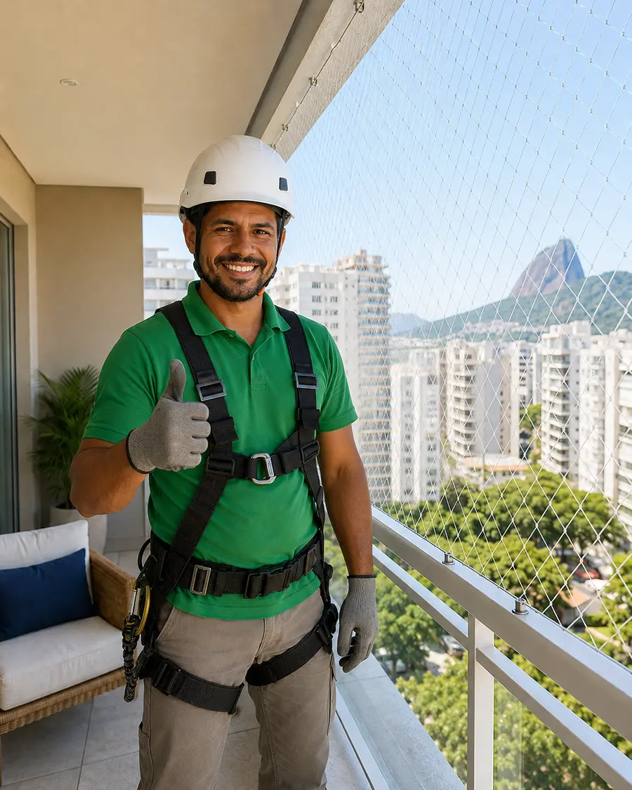 Instalador da Preserve sorrindo em varanda com rede de proteção
